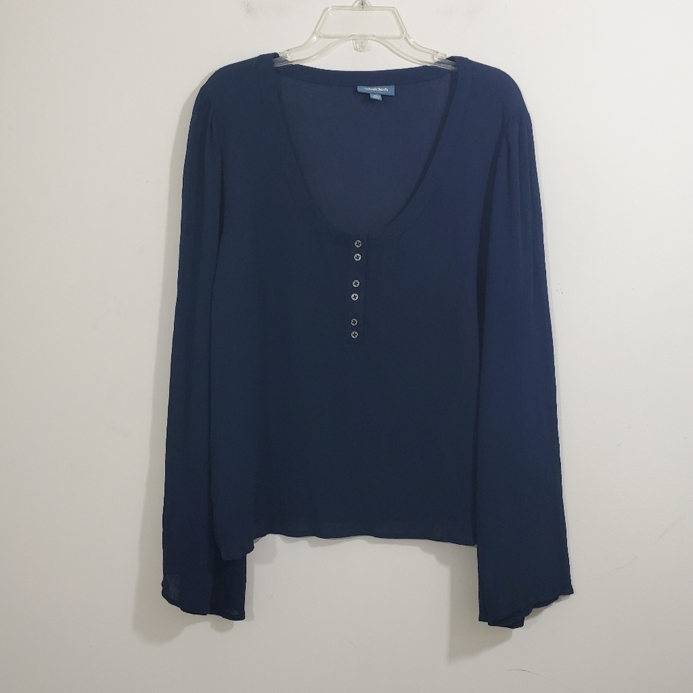 NWOT ModCloth Bells & Giggles Sheer Blouse Navy Blue Flare Sleeve Boho Size XL - Picture 3 of 12